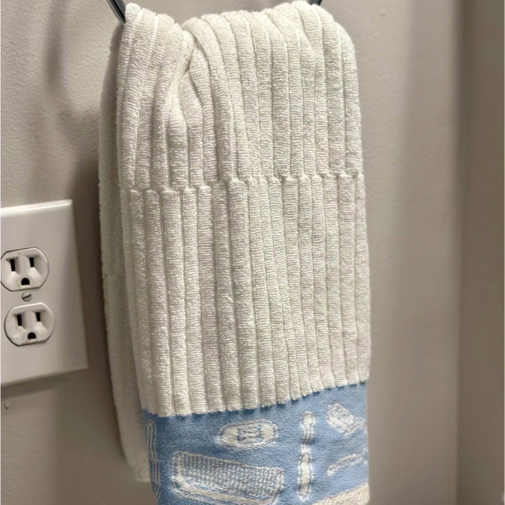 IKEA Ribbed Hand Towels – White with Blue Toiletry Print Trim (Set of 2)